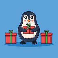 personnage de pingouin mignon avec cadeau de noël vecteur