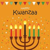 Happy kwanzaa vector illustration plate sur fond jaune vif avec des confettis. carte de conception mignonne de célébration africaine.