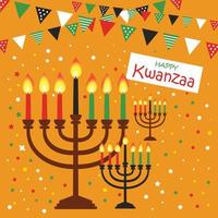 Happy kwanzaa vector illustration plate sur fond jaune vif avec des confettis et des bougies. carte de conception mignonne de célébration africaine.