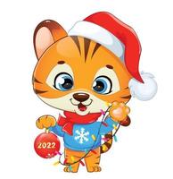 joyeux Noël. mignon petit tigre en bonnet de Noel vecteur