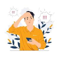 homme envoyant des SMS à l'aide d'un téléphone intelligent, stressé avec la main sur la tête, choqué, visage surpris, en colère et frustré. peur et bouleversement pour les illustrations de concept d'erreur vecteur