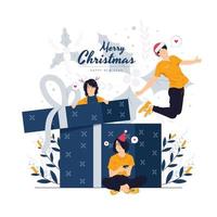 fille et garçon heureux tenant un cadeau, présent pour célébrer les illustrations de concept de nouvel an de noël vecteur