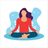 femme faisant du yoga illustration plate. femme aux cheveux violets, portant un t-shirt rouge et un pantalon de yoga bleu, faisant du yoga. illustration plate d'une femme dans une position de yoga. fond de fleur blanche. vecteur
