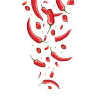 poivrons rouges éclaboussant explosion, piment isolé sur fond blanc. illustration 3d vectorielle. vecteur