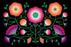 broderie de fleurs indigènes motif folklorique avec influence polonaise et mexicaine. tendance ethnique décorative traditionnelle florale au design symétrique, pour la mode, l'intérieur, la papeterie. vecteur isolé sur fond noir