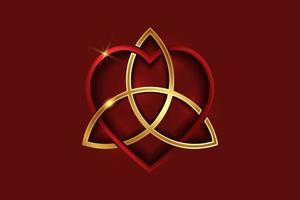 noeud d'amour celtique, forme de coeur rouge entrelacé et triquetra doré, noeud de symbole d'amour éternel. L'icône du logo concept de la Saint-Valentin, tatouage vecteur or isolé sur fond rouge