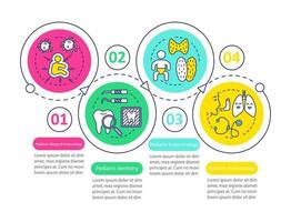 modèle d'infographie vectorielle de pédiatrie. allergie, dentisterie. éléments de conception de présentation d'entreprise. visualisation des données avec quatre étapes et options. chronologie du processus. disposition du flux de travail avec des icônes vecteur