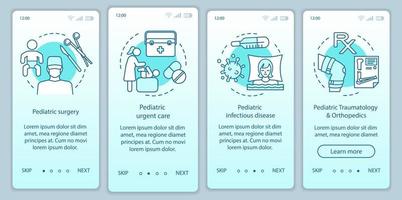 services de pédiatrie intégration du modèle vectoriel d'écran de page d'application mobile. chirurgie, soins d'urgence, maladies infectieuses. Procédure pas à pas du site Web avec des icônes linéaires. concept d'interface de smartphone ux, ui, gui