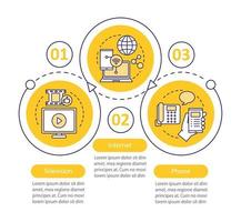 tv, internet, modèle d'infographie vectorielle de bundle de téléphone. les plans tarifaires des fournisseurs de services de communication. visualisation des données avec trois étapes, options. chronologie du processus. disposition du flux de travail avec des icônes vecteur