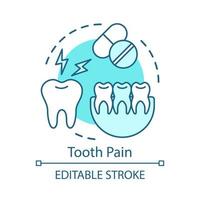 icône de concept de douleur dentaire. dents douloureuses, analgésiques, fragment de mâchoire. prendre des analgésiques. mal de dents et pilules idée fine ligne illustration. dessin de contour isolé de vecteur. trait modifiable vecteur