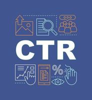 bannière de concepts de mot ctr. taux de clics. trafic du site Web. présentation. idée de typographie de lettrage isolé avec des icônes linéaires. taux de conversion. métriques et outils smm. illustration de contour de vecteur