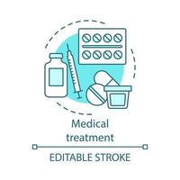 icône de concept de traitement médical. illustration de ligne mince idée de médicaments. aide aux malades. pilules, sirop, injections. prescription de médicaments. thérapie. dessin de contour isolé de vecteur. trait modifiable vecteur