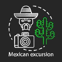 icône de concept de craie d'excursion mexicaine. sites du désert sud-américain. tour du mexique. appareil photo, tête d'homme en sombrero, idée de cactus saguaro. illustration de tableau isolé de vecteur