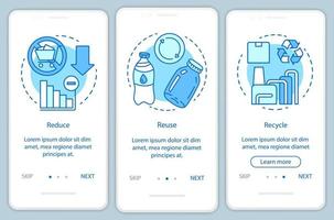 modèle vectoriel d'écran de page d'application mobile pour la gestion des déchets. zéro déchet, réduire, réutiliser, recycler les étapes du site Web avec des illustrations linéaires. concept d'interface de smartphone ux, ui, gui