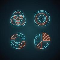 ensemble d'icônes de néons de diagrammes. visualisation graphique des données. analyses statistiques. représentation symbolique de l'information. analyse marketing. mathématiques, logique. signes lumineux. illustrations vectorielles isolées vecteur