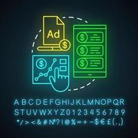 icône de néon d'annonces payantes. analyse marketing en ligne. canal ppc. campagne publicitaire de paiement par clic. réseaux publicitaires. signe lumineux avec alphabet, chiffres et symboles. illustration vectorielle isolée vecteur