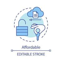 icône de concept d'avantage abordable. technologie digitale. clé en main, serrure ouverte. transfert de fichiers de stockage de données. illustration de ligne mince idée cloud computing. dessin de contour isolé de vecteur. trait modifiable vecteur