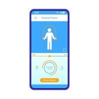modèle vectoriel d'interface de smartphone d'application d'entraînement. traqueur sportif. mise en page de conception noire de la page d'application de remise en forme mobile. écran d'entraîneur personnel. interface utilisateur plate. affichage du téléphone avec exercice de saut