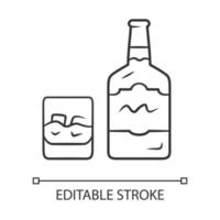 icône linéaire de whisky. bouteille et verre à l'ancienne avec boisson. scotch, shot de rhum. boisson alcoolisée. Cognac. illustration de la ligne mince. symbole de contour. dessin de contour isolé de vecteur. trait modifiable vecteur