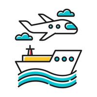 icône de couleur de l'industrie des transports. avion et bateau. bateau sur les vagues. avion dans le ciel. transport, expédition. voyage, voyage, voyage. affaires de vacances et de tourisme. visite en croisière. illustration vectorielle isolée vecteur