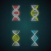 Ensemble d'icônes de néon de brins en spirale d'adn. désoxyribonucléique, hélice d'acide nucléique. brins en spirale. chromosome. biologie moléculaire. code génétique. la génétique. signes lumineux. illustrations vectorielles isolées vecteur