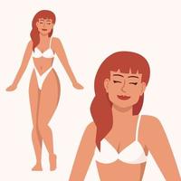 femme vêtue d'une illustration vectorielle plane de maillot de bain deux pièces. corps positif, féminisme. modèle de lingerie. silhouette mince. dame souriante caucasienne aux cheveux rouges personnage de dessin animé isolé sur fond blanc vecteur