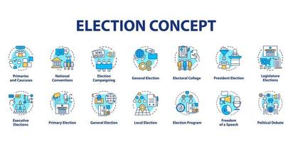 jeu d'icônes de concept d'élection. campagnes politiques et idées de propagande illustrations en ligne mince. élections présidentielles. l'opinion publique et le vote. dessins de contour isolés vectoriels. trait modifiable vecteur