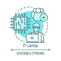 icône de concept de camp de technologie de l'information. emploi, reconnaissance pour les jeunes professionnels idée illustration fine ligne. présenter de nouvelles inventions. dessin de contour isolé de vecteur. trait modifiable vecteur