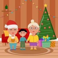 famille à Noël. famille debout près de l'arbre de noël et décoration. les grands-parents félicitent leur petit-fils vecteur