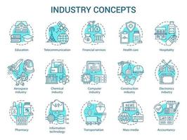 ensemble d'icônes de concept de l'industrie. développement de la technologie. fabrication, fournir des illustrations de ligne mince d'idée de service, de recherche et de développement. dessins de contour isolés vectoriels. trait modifiable vecteur