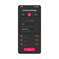 Modèle vectoriel d'interface de smartphone d'échange de bitcoin. disposition de conception noire de la page de l'application mobile. écran de conversion de crypto-monnaie. interface utilisateur plate pour l'application. affichage du téléphone des taux de change btc et dollar