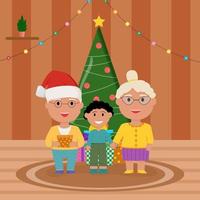 famille à Noël. famille debout près de l'arbre de noël et décoration. les grands-parents félicitent leur petit-fils vecteur