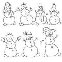 ensemble de bonhommes de neige dans différentes coiffures, page de coloriage avec de mignons personnages d'hiver vecteur
