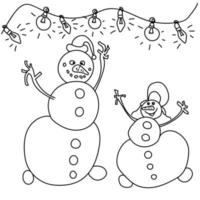 Contours vector illustration fête de Noël, bonhommes de neige et guirlande avec ampoules, coloriage