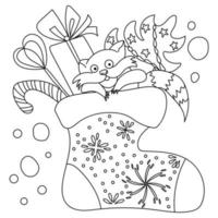 Coloriage avec un joli raton laveur de Noël dans une chaussette festive, illustration de contour avec des attributs de Noël vecteur