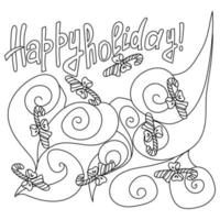 Joyeuses vacances. page de coloriage contour festif avec inscription volumétrique, boucles et canne en bonbon vecteur