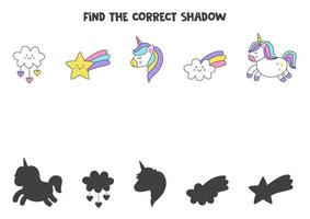 trouvez les ombres correctes des images mignonnes de licorne. puzzle logique pour les enfants. vecteur