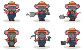 conception de personnage de fermier de souris mignon avec chapeau de paille. vecteur