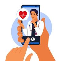médecin en ligne et concept de consultation médicale. homme médecin aide un patient sur un téléphone mobile. application mobile. illustration vectorielle. appartement. vecteur