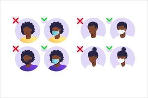 homme et femme africains portant des masques faciaux. arrêter le concept de pandémie. personnes portant une protection contre les virus, la pollution de l'air urbain, le smog, la vapeur, les émissions de gaz polluants. illustration vectorielle à plat. vecteur