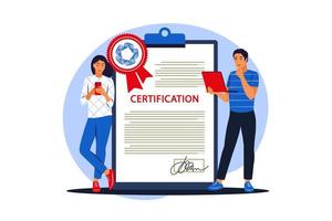 certificat d'entreprise et concept de développement. jeunes femme et homme debout près d'un énorme certificat avec cachet officiel. illustration vectorielle. appartement vecteur