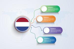 Drapeau des Pays-Bas avec une conception infographique isolée sur la carte du monde à points vecteur