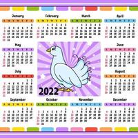 calendrier pour 2022 avec un personnage mignon. design amusant et lumineux. illustration vectorielle de couleur isolée. style de bande dessinée. vecteur