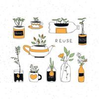 illustration vectorielle de boîtes de conserve et de plastique réutilisables. les pots de fleurs sont plantés dans des bouteilles et des tasses. une seconde vie aux choses brisées vecteur