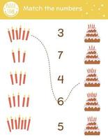 jeu d'association d'anniversaire avec des gâteaux et des bougies. activité de mathématiques de vacances pour les enfants d'âge préscolaire. feuille de calcul imprimable de célébration éducative avec des éléments amusants mignons pour les enfants vecteur