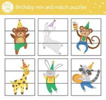 vecteur anniversaire mix and match puzzle avec des personnages de vacances traditionnels. activité d'appariement découpée en hiver pour les enfants d'âge préscolaire. jeu imprimable de fête éducative pour les enfants