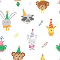 modèle sans couture d'anniversaire mignon avec des têtes d'animaux mignons dans des chapeaux de fête et des confettis. fond répétitif d'anniversaire de vecteur. papier numérique de vacances avec des personnages amusants vecteur