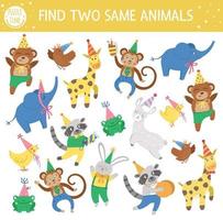 trouver deux mêmes animaux. activité de jumelage de vacances pour les enfants. feuille de travail de quiz logique d'anniversaire éducatif amusant pour les enfants. jeu de célébration imprimable simple avec des personnages mignons dans des chapeaux coniques vecteur