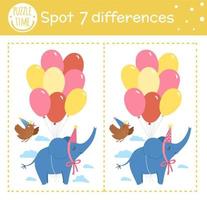 fête d'anniversaire trouver un jeu de différences pour les enfants. activité éducative de vacances avec un éléphant drôle volant sur un tas de ballons. feuille de calcul imprimable avec un personnage souriant. puzzle mignon pour les enfants vecteur