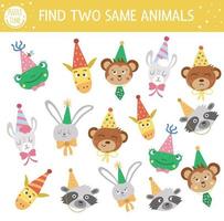 trouver deux mêmes animaux. activité de jumelage de vacances pour les enfants. feuille de travail de quiz logique d'anniversaire éducatif amusant pour les enfants. jeu de célébration imprimable simple avec des personnages mignons dans des chapeaux coniques vecteur